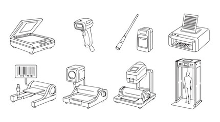 Collection of electronic device components and tools in detailed line art style silhouette