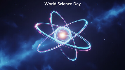World Science Day celebration featuring a glowing atomic model against a cosmic background