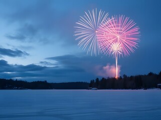 Celestial Celebration: Fireworks illuminate the twilight sky, a captivating spectacle reflected upon the calm surface of the lake, capturing a moment of joyous festivity.
