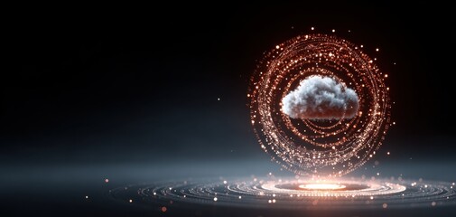 A futuristic cloud concept surrounded by glowing particles, representing digital innovation and data connectivity.