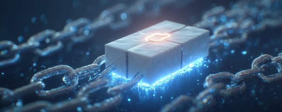 A futuristic block connected by glowing chains, symbolizing innovation and digital networks in a sleek digital environment.