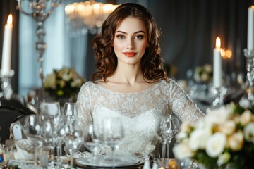 Elegant bride poses at a beautifully decorated reception table in a romantic setting