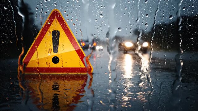 Slightly altered Raindrops decorate the windshield as cars navigate a rainy highway. A cautionary sign reminds drivers of the hazardous weather ahead
