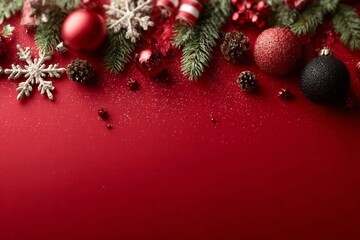Christmas and new year background concept. Top view of Christmas decoration made from snowflake, christmas ball on red background.