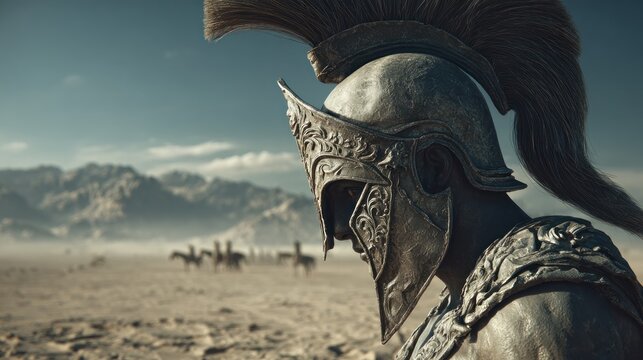 Epic warrior helmet in a desert landscape depicting ancient battles