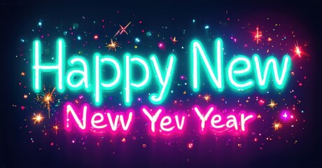 Bright neon text displays Happy New Year. Sparkling effects surround words against dark background. Festive, celebratory design.