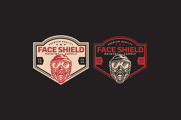 Paintball helmet retro badge logo design set for sport and safety. Safety visor vintage emblem logo graphic pack. Tactical face mask, Protective headgear, Face guard, Face shield. Vector Illustration