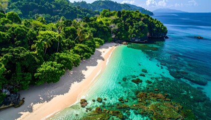 An aerial view showcasing a pristine beach with turquoise waters, bordered by lush green vegetation and rocky cliffs