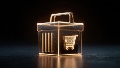 A glowing transparent shopping cart icon, symbolizing online shopping and digital commerce innovation against a dark background.