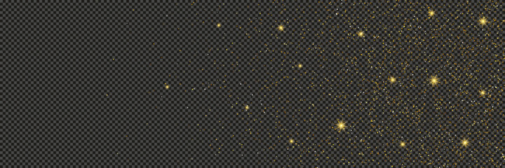 Gold glittering dust with stars on transparent backdrop