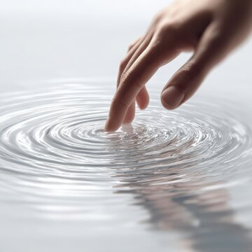 A hand gently touches the water surface, creating ripples that symbolize tranquility and connection with nature.