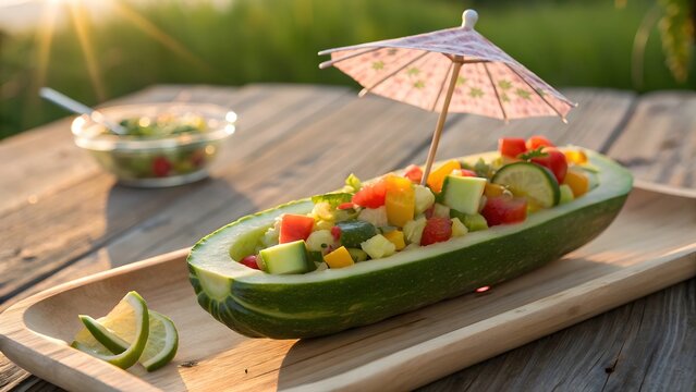 A cucumber boat filled with salad and topped with a decorative umbrella on a wooden tray outdoors - Powered by Adobe