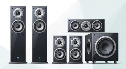 Fototapeta premium Illustration of a home theater speaker system including tower speakers center channel and subwoofer units