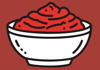 A simple, stylized icon of a bowl of sambal fire sauce. Bold red background. Clean, modern line art. Ideal for food, spice, or restaurant branding.
