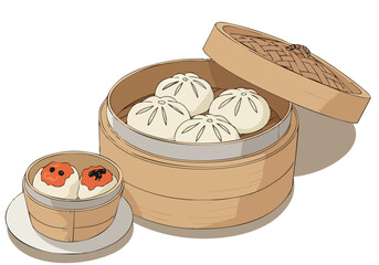 Steaming bao buns in a traditional bamboo steamer basket, presented with a smaller bowl of dipping sauce. Warm, inviting, and perfect for Asian cuisine visuals.