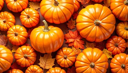 Autumn display of vibrant orange pumpkins among colorful fallen leaves in a seasonal arrangement