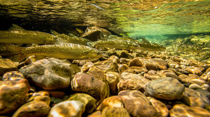 trout. Underwater scene of a trout swimming in a clear river, showcasing aquatic tranquility and wildlife. wildlife magazines, conservation campaigns, designed for nature documentaries and education.