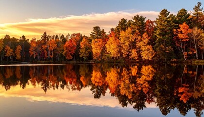 Vibrant autumn colors reflected on a serene lake at sunset in a tranquil forest