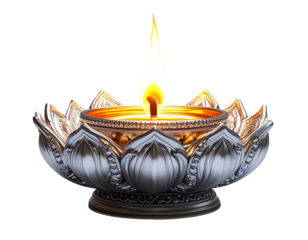 Silver diya with lotus base, bright flame, isolated PNG