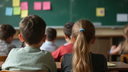 Young students attentively listening in a classroom with colorful sticky notes on the chalkboard