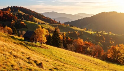 Vibrant autumn landscape featuring a rustic cabin amidst rolling hills at sunset in a serene countryside setting