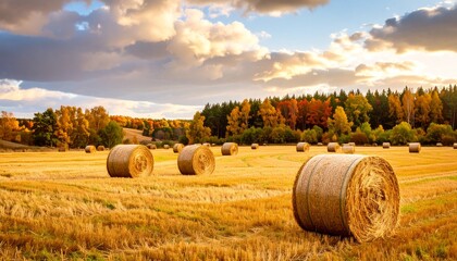 Golden fields in autumn with hay bales scattered under a dramatic sky during sunset