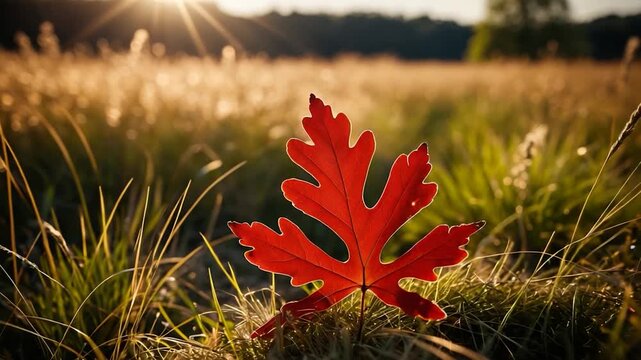 A single red leaf sits atop a lush green field, perfect for nature-inspired designs and themes