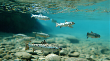 trout. Underwater scene of a trout swimming in a clear river, showcasing aquatic tranquility and wildlife. wildlife magazines, conservation campaigns, designed for nature documentaries and education.