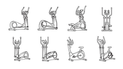 Set of eight exercise machine illustrations depicting fitness routines and healthy lifestyle activities silhouette