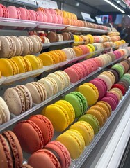 Colorful macarons in a display case