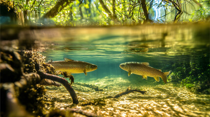 trout. Underwater scene of a trout swimming in a clear river, showcasing aquatic tranquility and wildlife. wildlife magazines, conservation campaigns, designed for nature documentaries and education.