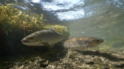 trout. Underwater scene of a trout swimming in a clear river, showcasing aquatic tranquility and wildlife. wildlife magazines, conservation campaigns, designed for nature documentaries and education.