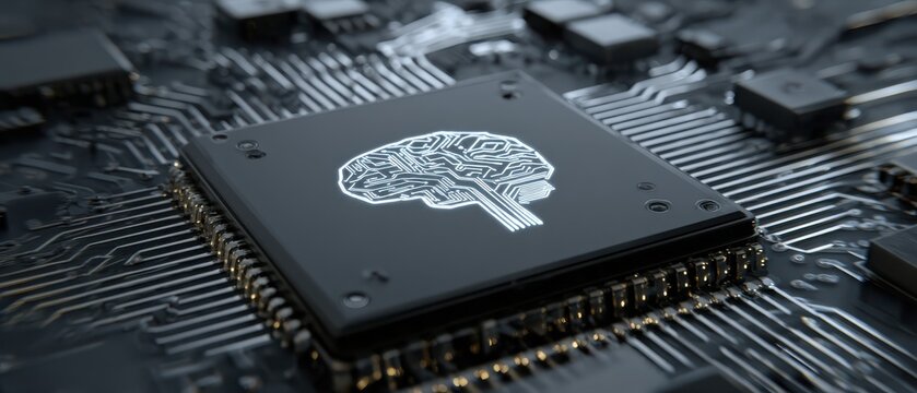 Close-up of a microprocessor featuring a brain design, symbolizing artificial intelligence and computer technology.