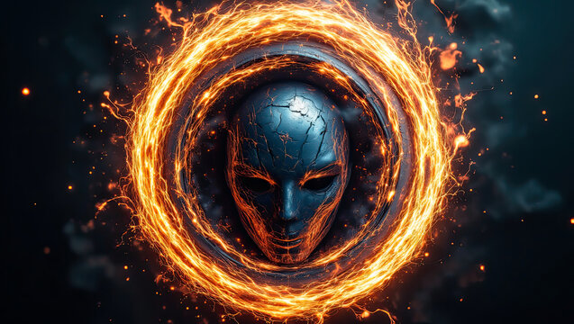 Feuerkreis um metallische Maske &ndash; futuristisches Gesicht im Funkenring vor dunklem Hintergrund, gl&uuml;hende Energie, 3D-Rendering digitale Kunst