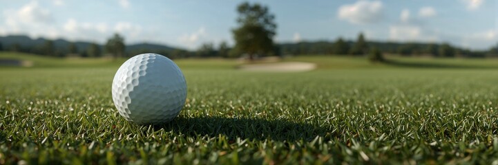 Perfect golf ball resting on lush green grass with sunny sky and blurred course background