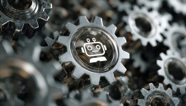 Close-up of metallic gears featuring a robot icon, representing innovation and automation in technology.