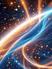 Obraz premium Abstract background with glowing blue and orange light waves, starry sky, futuristic tech cosmic theme, digital illustration vector design