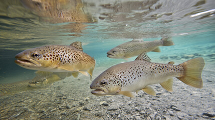 trout. Underwater scene of a trout swimming in a clear river, showcasing aquatic tranquility and wildlife. wildlife magazines, conservation campaigns, designed for nature documentaries and education.