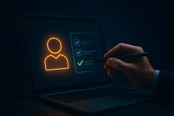 Digital user verification and task completion interface – stylus interaction with glowing checklist in secure workspace
