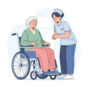 High-Quality Flat Vector Illustration: Nurse Caring for Elderly Woman in Wheelchair