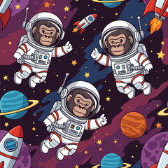 Chimpanzee astronauts explore vibrant outer space with planets and rockets Fun adventure concept