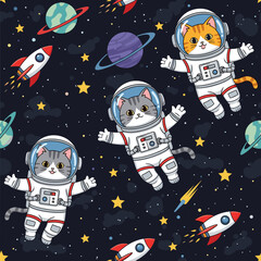 Cute cartoon astronaut cats explore space with rockets and planets Fun childlike adventure pattern