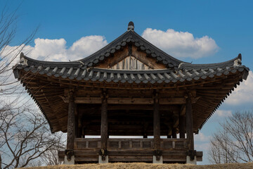  Blue sky and old pavilion