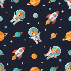 Whimsical space pattern with cute astronaut animals rockets planets Perfect for kids designs