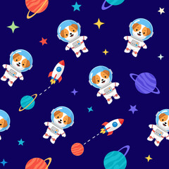 Cute cartoon astronaut dogs rockets and planets in a fun seamless space pattern