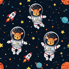 Cute deer astronauts exploring the magical universe with rockets and planets Fun space adventure for kids