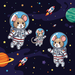 Adorable astronaut mice explore a vibrant galaxy with planets stars and rockets