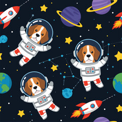 Adorable beagle dog astronauts explore a vibrant outer space with planets rockets and stars