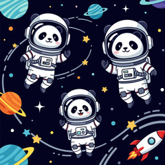 Three cute astronaut pandas float in space with planets stars and a rocket Kids adventure