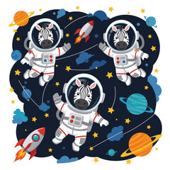 Three cute zebra astronauts explore outer space with planets rockets and stars Kids adventure